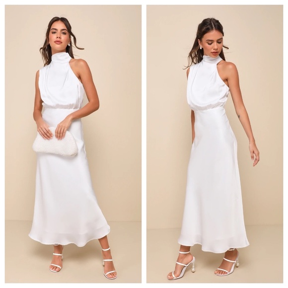 New! Lulu's Distinctive Charm White Satin Asymmetrical Midi Dress 16684 - Picture 1 of 16